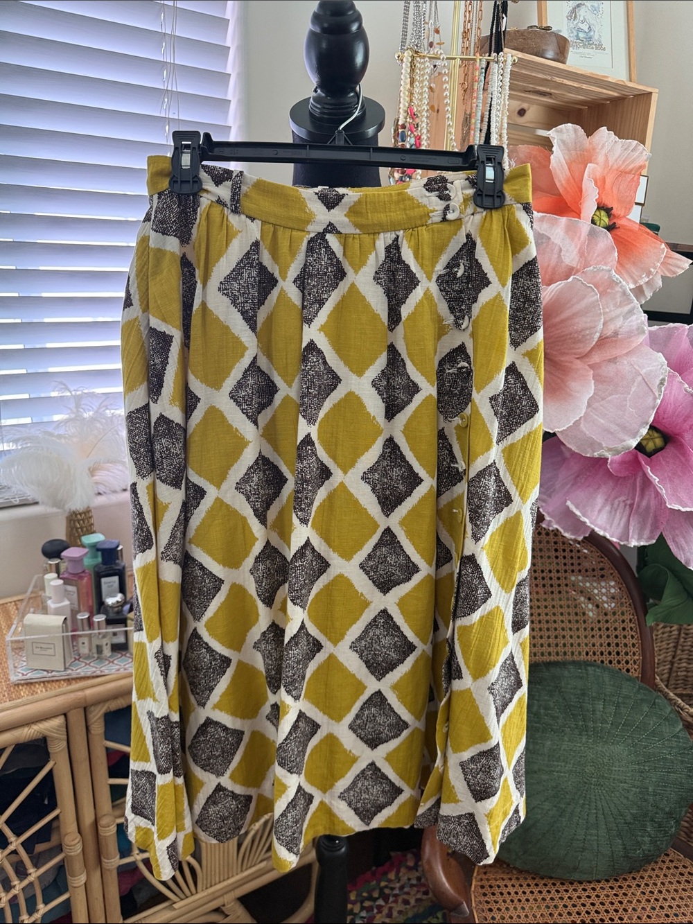 Anthropologie Edme & Esyllte Shifting Buttons Harlequin Block A-Line Midi Skirt